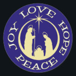 Joy Love Hope Peace Christmas Classic Round Sticker<br><div class="desc">Keep Christ in your Christmas correspondence and activities with this beautiful "Joy Love Hope Peace" sticker. The text circles a gold silhouette nativity scene with the Star of Bethlehem at the top of it. Everything is placed on a dark blue background to make it really stand out.</div>