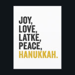 Joy Love Latkes Peace Hanukkah Funny Jewish Postcard<br><div class="desc">funny, jewish, latke, gift, birthday, chanukah, jew, holiday, menorah</div>