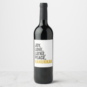 Joy Love Latkes Peace Hanukkah Funny Jewish Wine Label