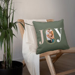 Joy Love Modern Type Geometric Family Photo Green Cushion<br><div class="desc">Modern and stylish Christmas theme joy throw pillow design. The design features the word "JOY" with the letter "O" created with your own personalised family photo. Modern faux gold geometric concentric circle frames the photo. The reverse side features a modern faux gold geometric concentric circle pattern with Love & Joy....</div>