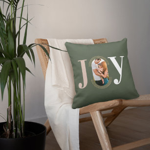 Joy Love Modern Type Geometric Family Photo Green Cushion