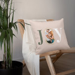 Joy & Love Modern Type Geometric Family Photo Pink Cushion<br><div class="desc">Modern and stylish Christmas theme joy throw pillow design. The design features the word "JOY" with the letter "O" created with your own personalized family photo. Modern faux gold geometric concentric circle frames the photo. The reverse side features a modern faux gold geometric concentric circle pattern with Love & Joy....</div>