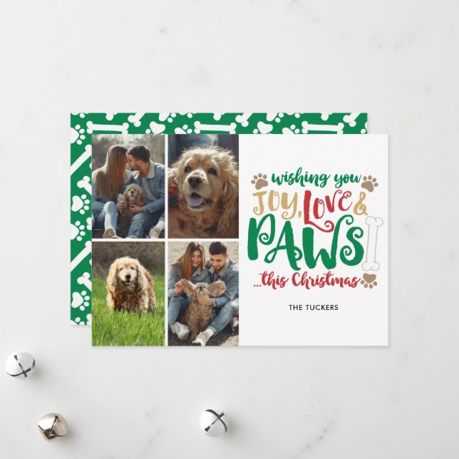 Joy Love Paws Christmas Dog Green 4-Photo Holiday Card (Front/Back In Situ)