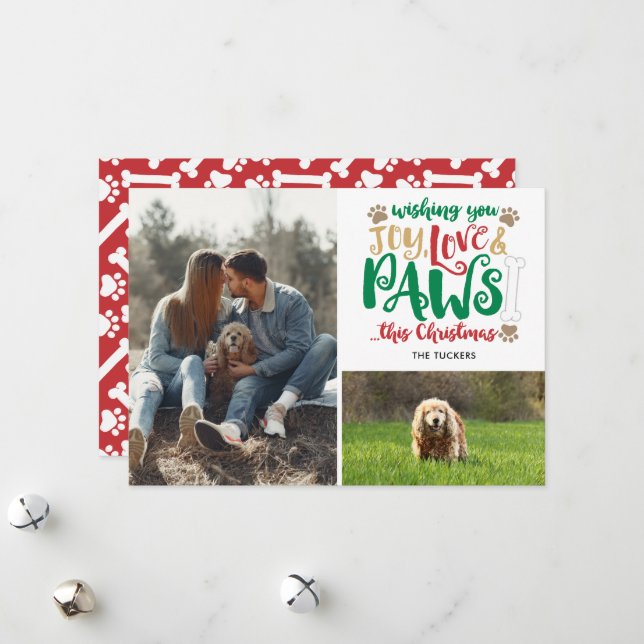 Joy Love Paws Christmas Red Green 2-Photo Dog Holiday Card (Front/Back In Situ)