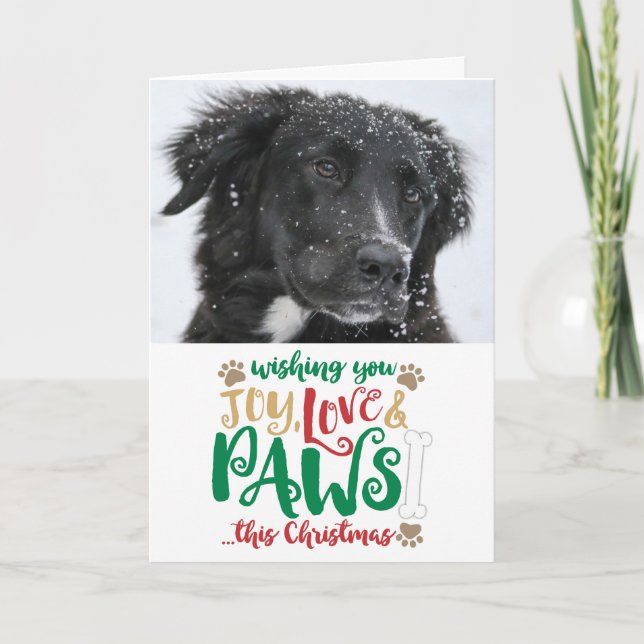 Joy Love Paws Dog Christmas Photo Holiday Card (Front)