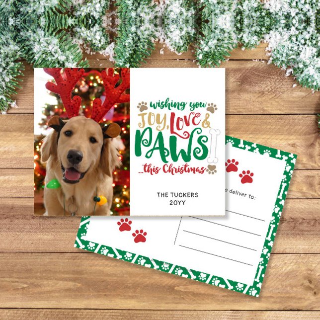 Joy Love Paws Dog Christmas Red Green Photo Postcard (Creator Uploaded)
