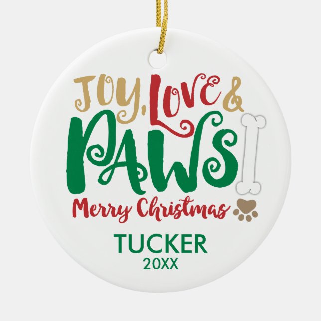 Joy Love PAWS Dog Merry Christmas Ornament (Front)