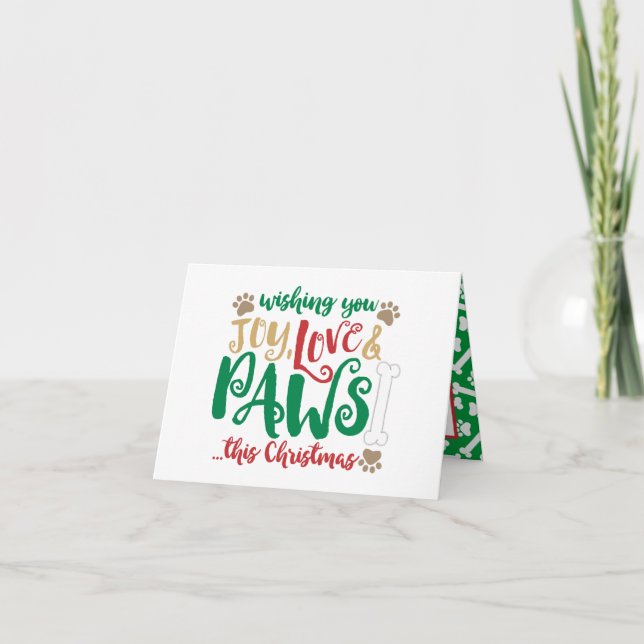 Joy Love Paws Dog Merry Christmas Red & Green Holiday Card (Front)