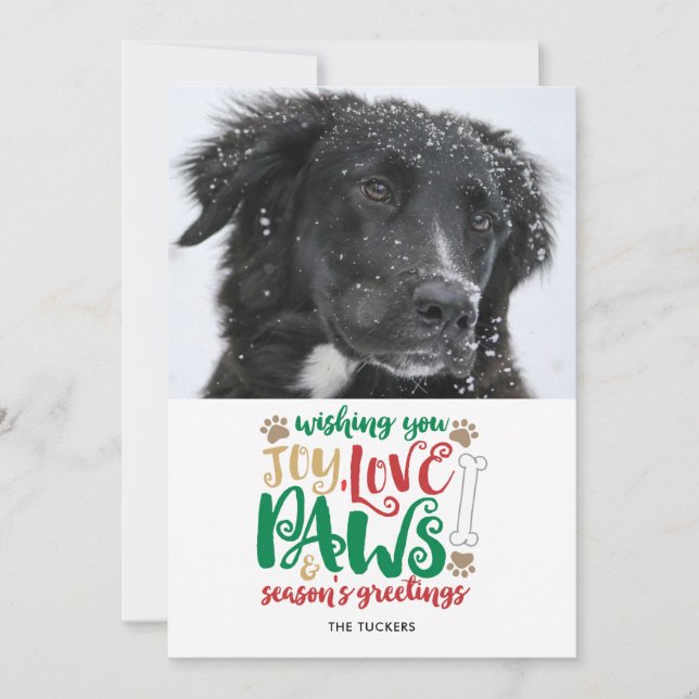 Joy Love Paws Dog Season's Greetings Red Photo Holiday Card (Front)