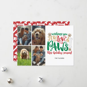 Joy Love Paws Happy Holidays Dog Red 4-Photo Holiday Card