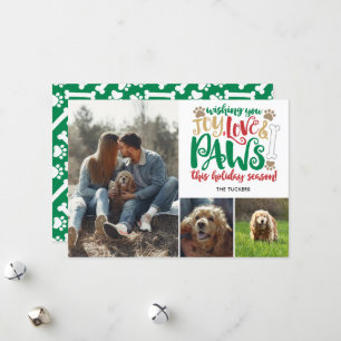 Joy Love Paws Happy Holidays Dog Red Green 3-Photo Holiday Card