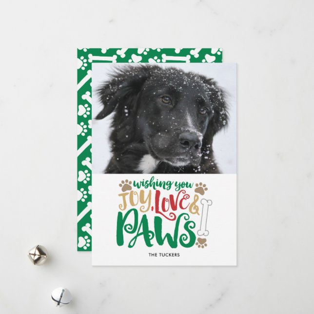 Joy Love Paws Peace Dog Photo Red Green Holiday Card (Front/Back In Situ)