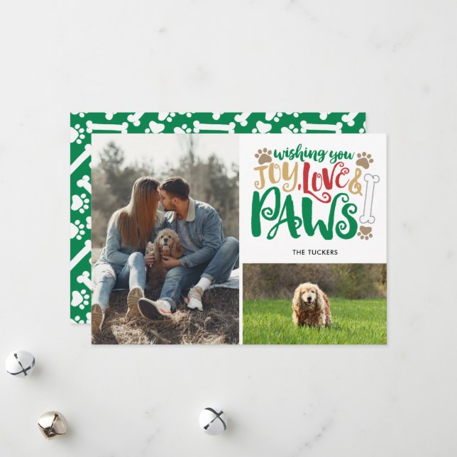 Joy Love Paws Peace Dog Red Green 2-Photo Holiday Card (Front/Back In Situ)