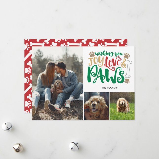 Joy Love Paws Peace Dog Red Green 3-Photo Holiday Card (Front/Back In Situ)