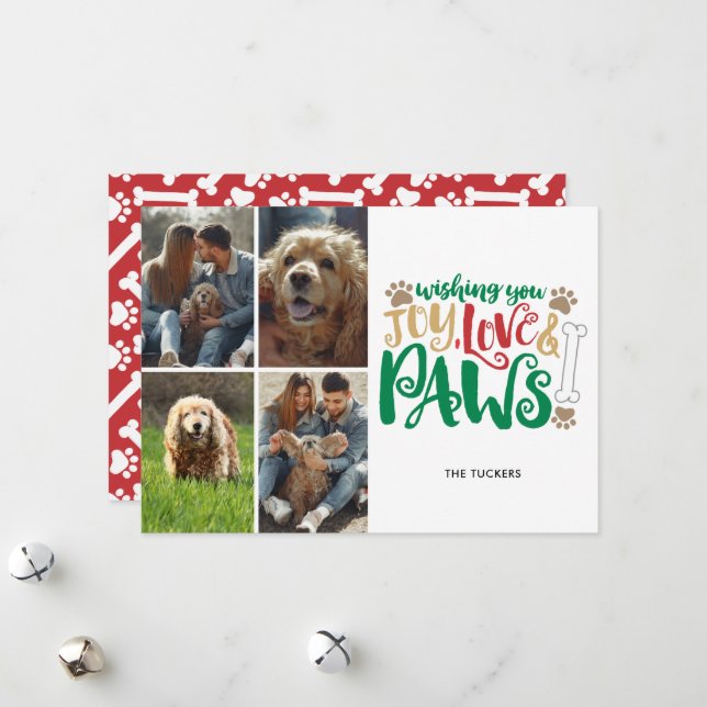 Joy Love Paws Peace Photo Red 4-Photo Holiday Card (Front/Back In Situ)
