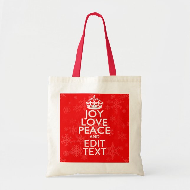 Joy Love Peace and Your Text Red Accent Snowflakes Tote Bag (Front)