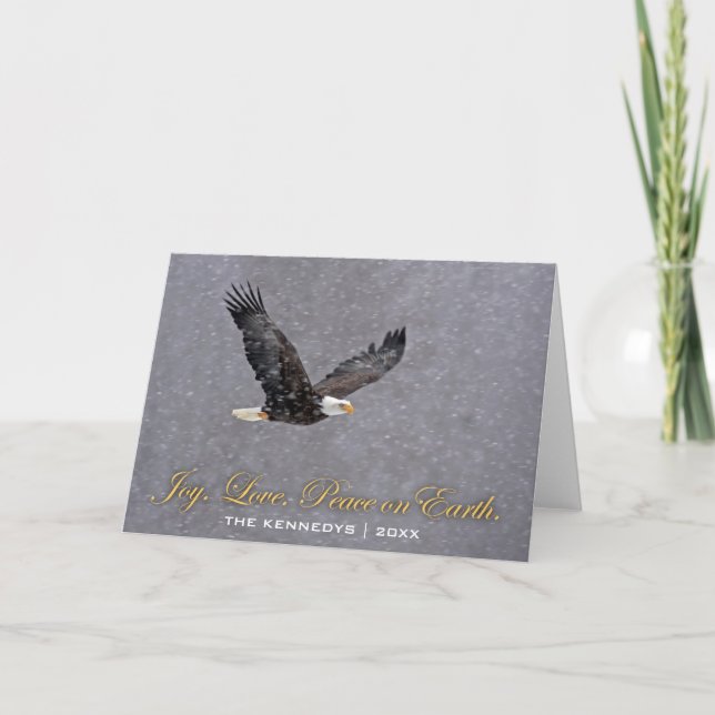 Joy Love Peace - Bald Eagle Flying in Snowstorm Holiday Card (Front)
