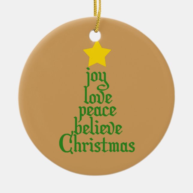 Joy, Love, Peace, Believe, Christmas Ceramic Tree Decoration (Front)