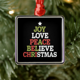 Joy Love Peace Believe Christmas Tree Family  Metal Ornament