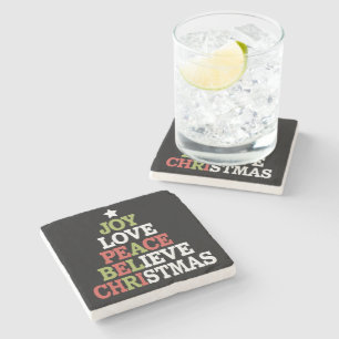 Joy Love Peace Believe Christmas Tree Family Stone Coaster