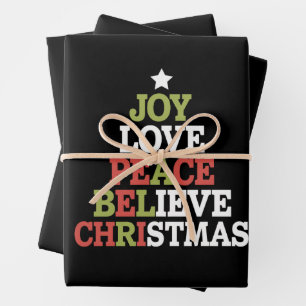 Joy Love Peace Believe Christmas Tree Family  Wrapping Paper Sheet