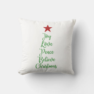 Joy Love Peace Believe Christmas Tree with Red Cushion