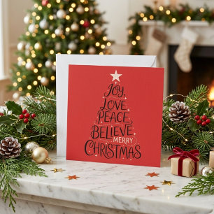 Joy Love Peace Believe Merry Christmas Tree Holiday Card