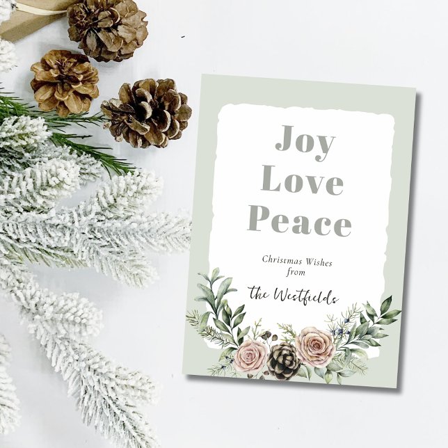 Joy Love Peace Christmas Roses Pine Cone Holiday Card (Joy Love Peace Christmas Roses Pine Cone Holiday Card)