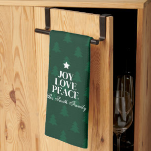 Joy Love Peace Christmas Tree Green Pattern Tea Towel