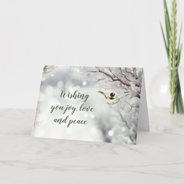 JOY LOVE PEACE Forest Snowflakes Chickadee Bird Holiday Card (Front)