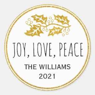 Joy Love Peace gold holly berry modern Christmas Classic Round Sticker