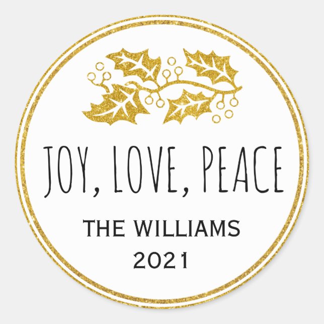 Joy Love Peace gold holly berry modern Christmas Classic Round Sticker (Front)