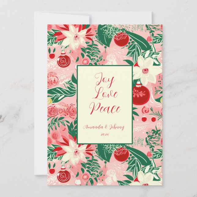 Joy Love Peace Pink Red Floral Christmas Card (Front)