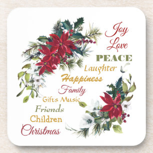 Joy Love Peace Poinsettia Christmas Coaster