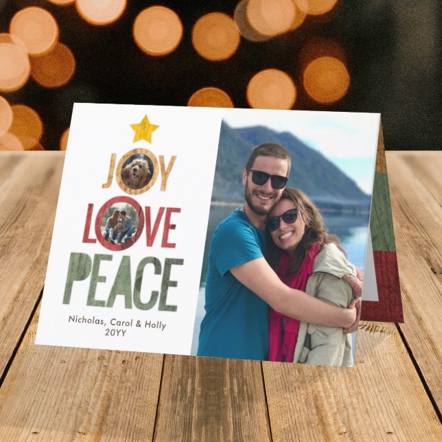 Joy Love Peace Rustic 3-Photo Christmas Tree Holiday Card (Creator Uploaded)