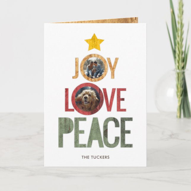Joy Love Peace Rustic Photo Christmas Tree Holiday Card (Front)