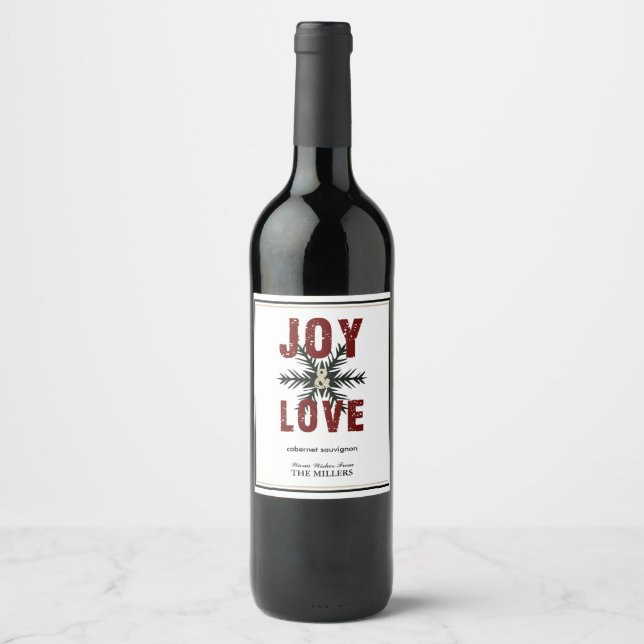 Joy & Love Script Red White Christmas Holiday Wine Label (Front)