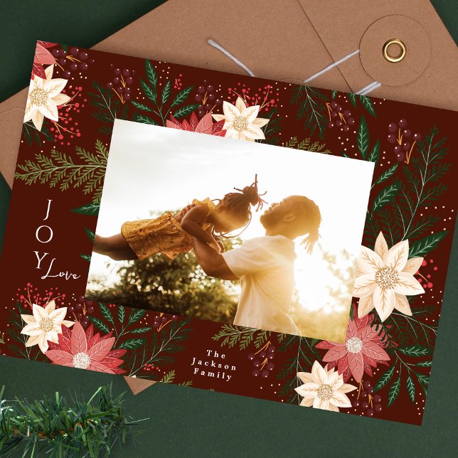 JOY | Maroon Christmas Delight Poinsettia Photo Holiday Card (Creator Uploaded)