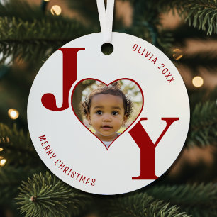 Joy Merry Christmas Heart Photo White & Red Metal Tree Decoration