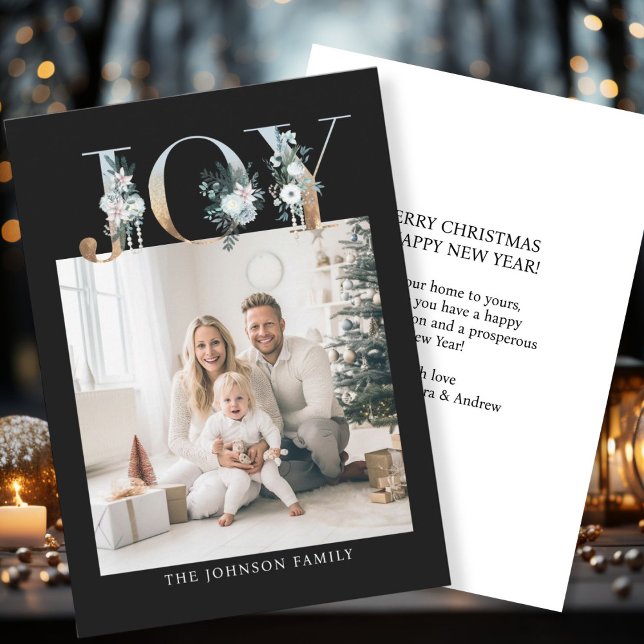 JOY-Merry Christmas!   Modern, black-gold, photo  Holiday Card (Customer specific "Joy-Merry Christmas" black-gold, photo holiday card. )