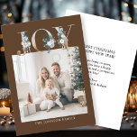 JOY-Merry Christmas!   Modern, simple photo  Holiday Card<br><div class="desc">Customer specific "Joy-Merry Christmas" photo holiday card. Celebrate the joy of the holiday season with this beautifully designed, customisable photo card. The elegant brown background frames your personal family photo perfectly, making your holiday greetings stand out with style. Across the top, the word "JOY" is artfully displayed in festive, gold-accented...</div>