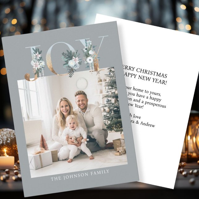 JOY-Merry Christmas!   Modern, simple photo  Holiday Card (Customer specific "Joy-Merry Christmas" gray-gold, photo holiday card. )