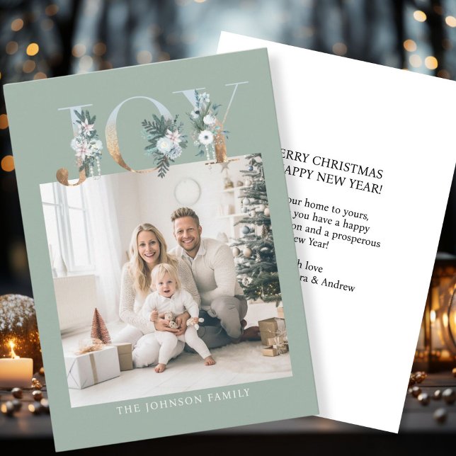 JOY-Merry Christmas!   Modern, simple photo  Holiday Card (Customer specific "Joy-Merry Christmas" soft-green-gold, photo holiday card. )
