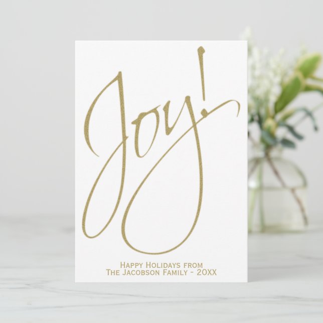 Joy! Minimal Gold & White Family Photo Holiday Card (Standing Front)