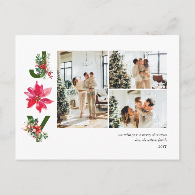 Joy Minimalist 3 Photo Collage Holiday Postcard (Front)