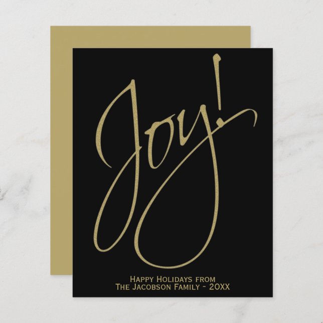 Joy! Minimalist Gold & Black BUDGET Holiday Card (Front/Back)