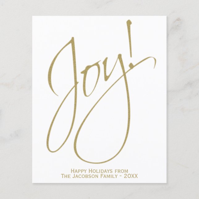 Joy! Minimalist Gold & White BUDGET Holiday Card (Front)