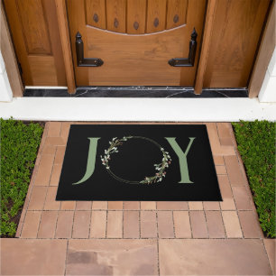 Joy Minimalist Green Watercolor Wreath Black Doormat