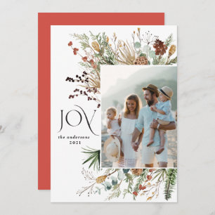 Joy modern 1 photo watercolor botanical floral hol holiday card