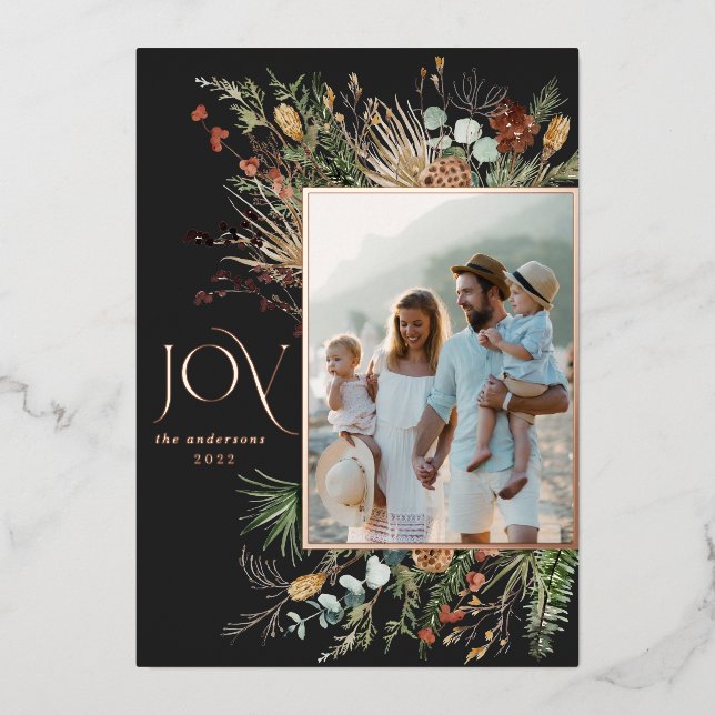 Joy modern 1 photo watercolor botanical  foil holiday card (Front)